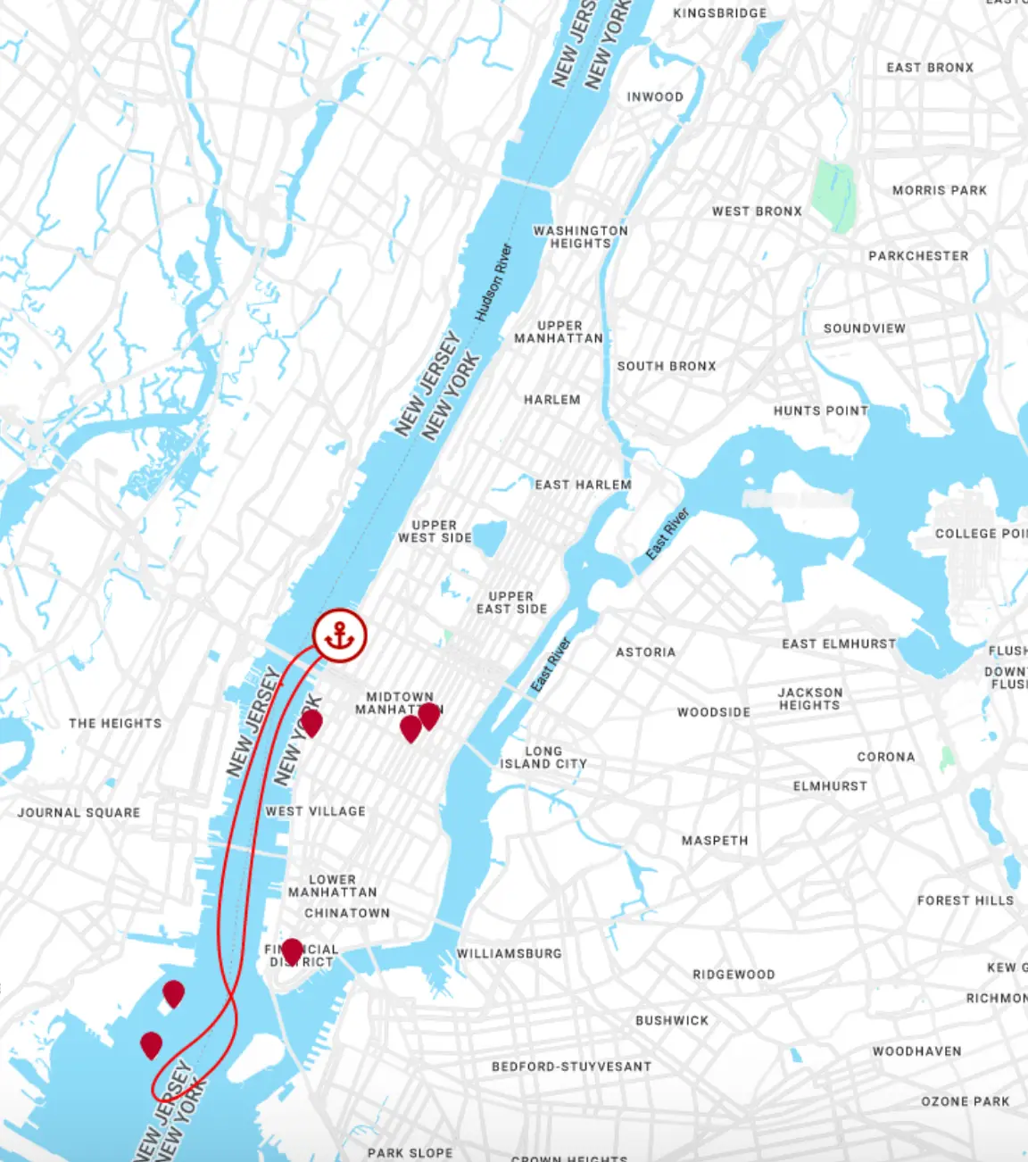 Route map for the Liberty Midtown Cruise from Pier 83