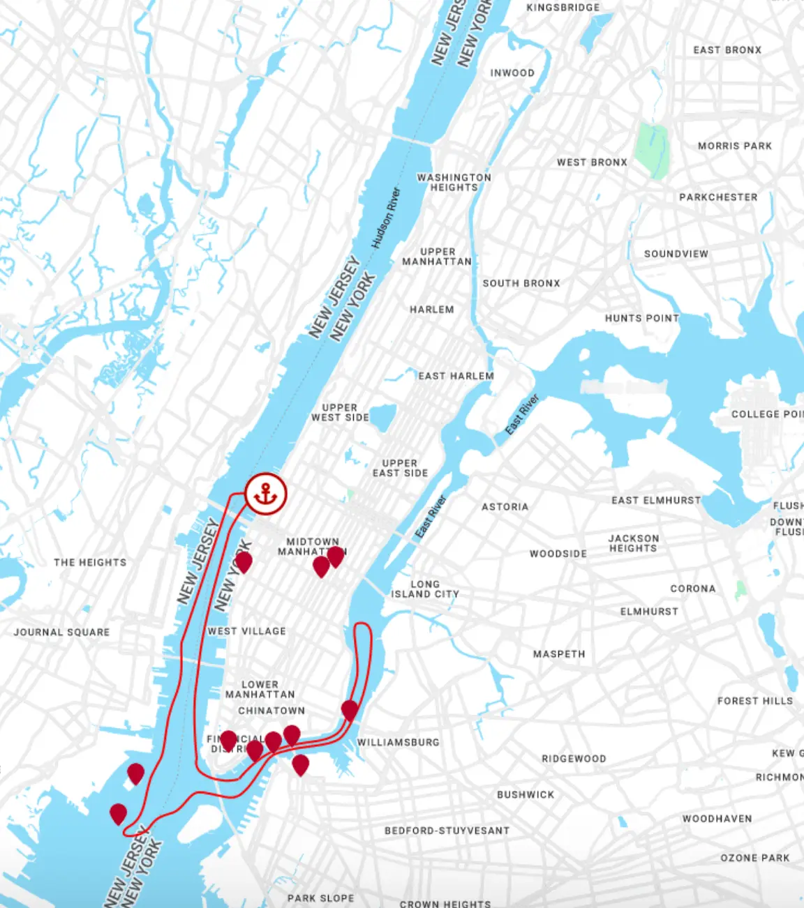 Route map for the Landmarks Cruise from Pier 83